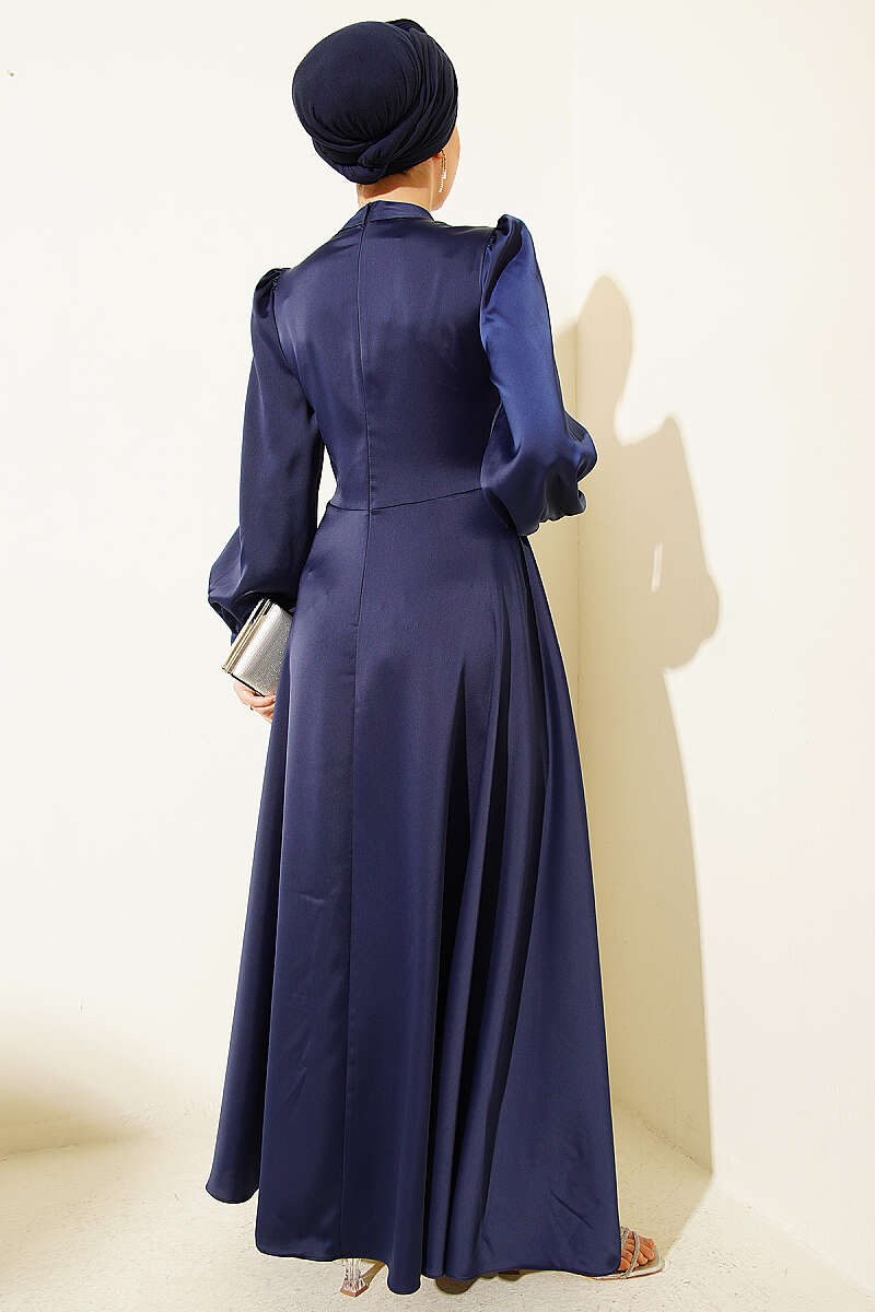 Draped Satin Evening Dress with Stone Bodice - Navy