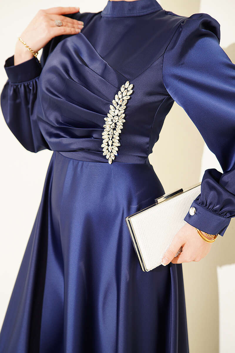 Draped Satin Evening Dress with Stone Bodice - Navy