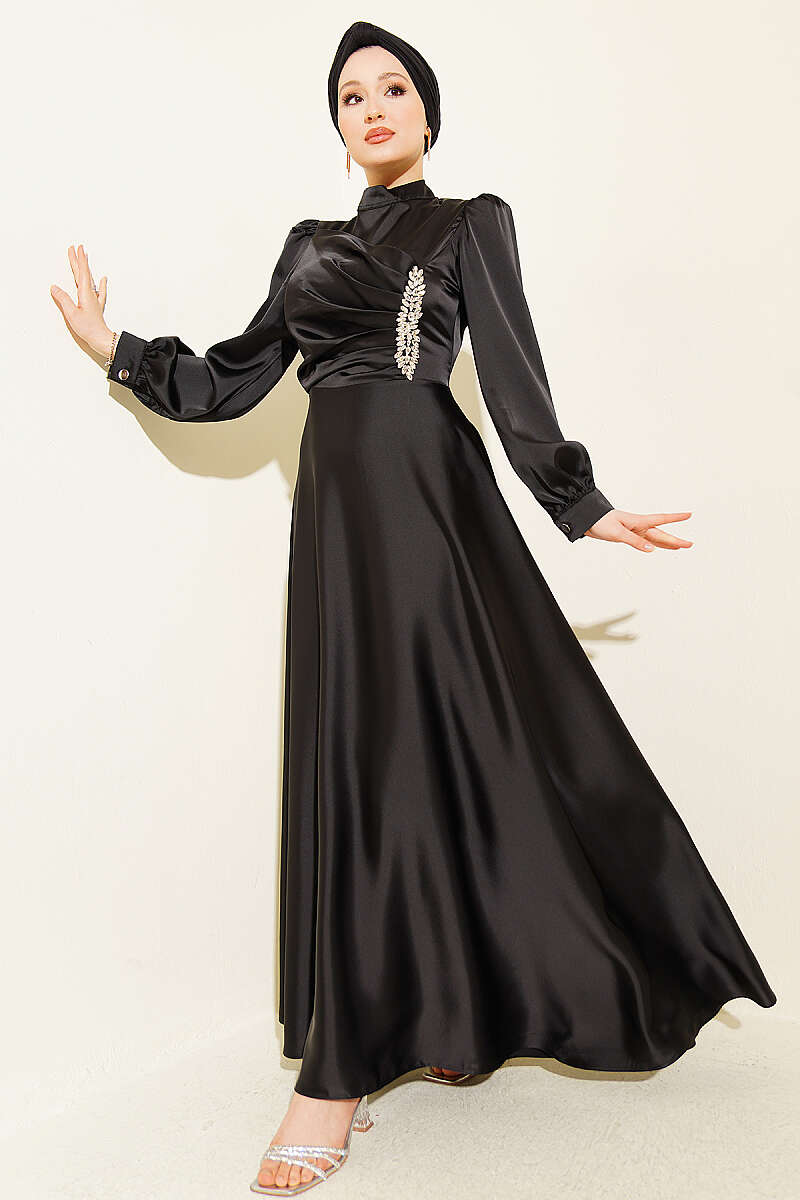 Draped Satin Evening Dress with Stone Bodice - Black