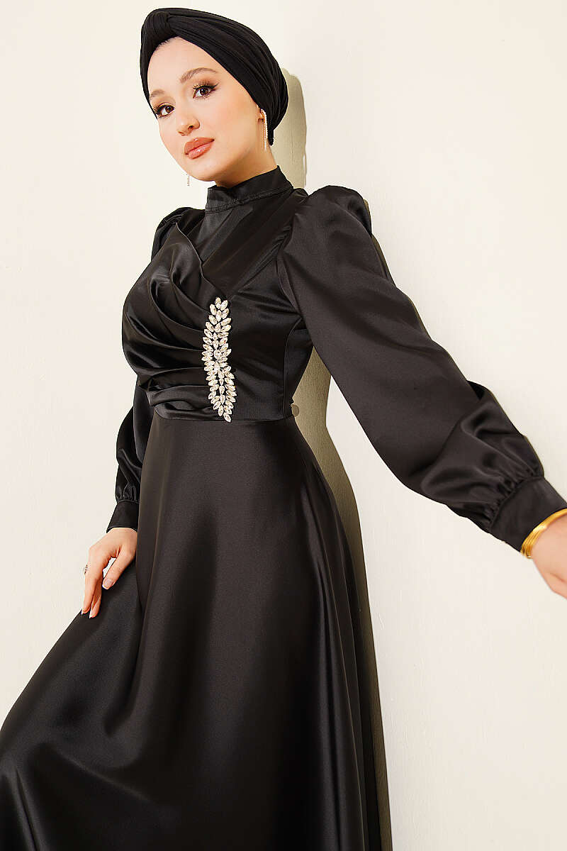 Draped Satin Evening Dress with Stone Bodice - Black