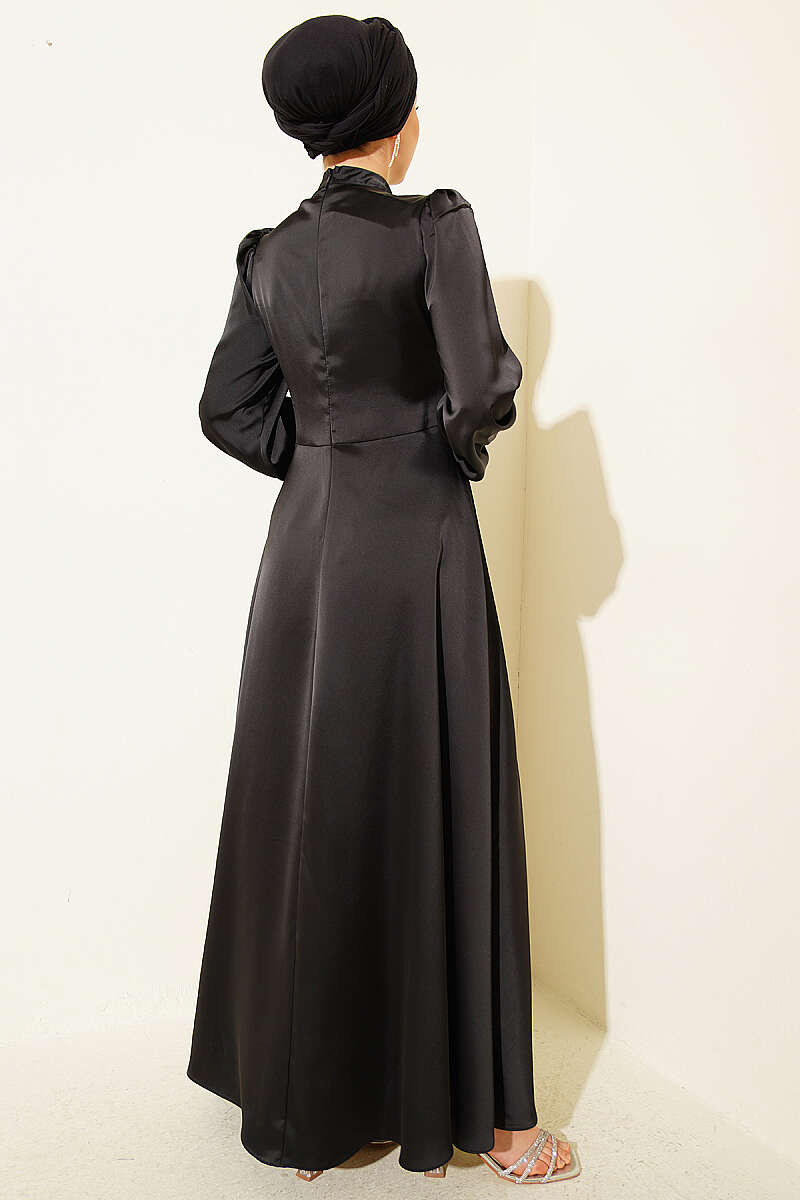 Draped Satin Evening Dress with Stone Bodice - Black