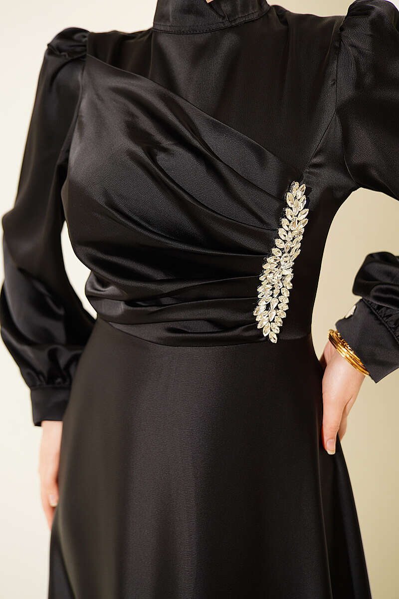 Draped Satin Evening Dress with Stone Bodice - Black