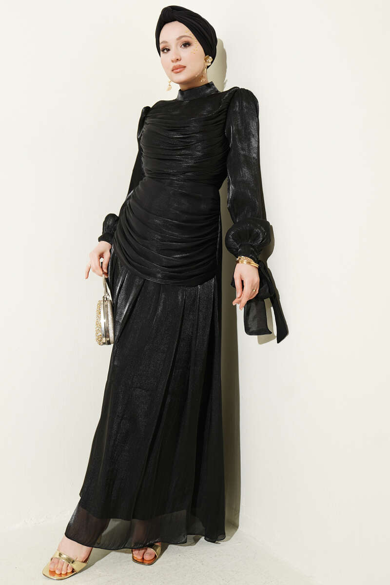 Draped Evening Dress with Tie Cuffs - Black