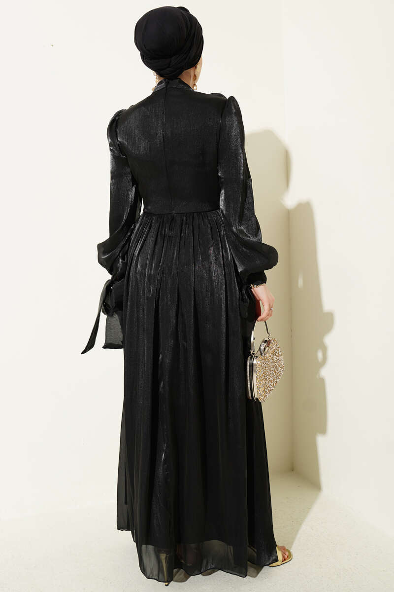 Draped Evening Dress with Tie Cuffs - Black