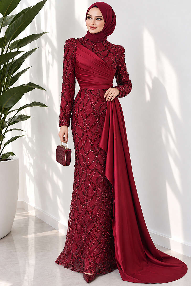 Draped Sequin Pattern Evening Dress - Burgundy
