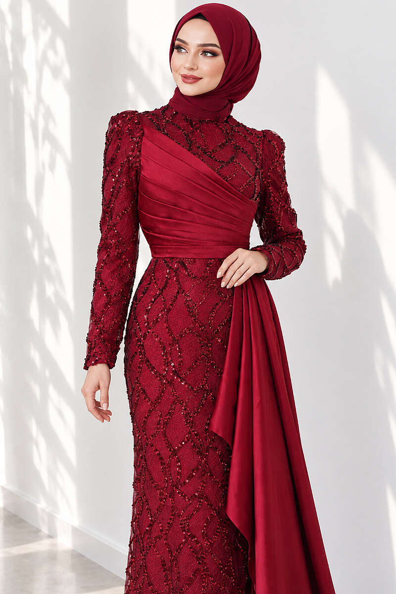 Draped Sequin Pattern Evening Dress - Burgundy