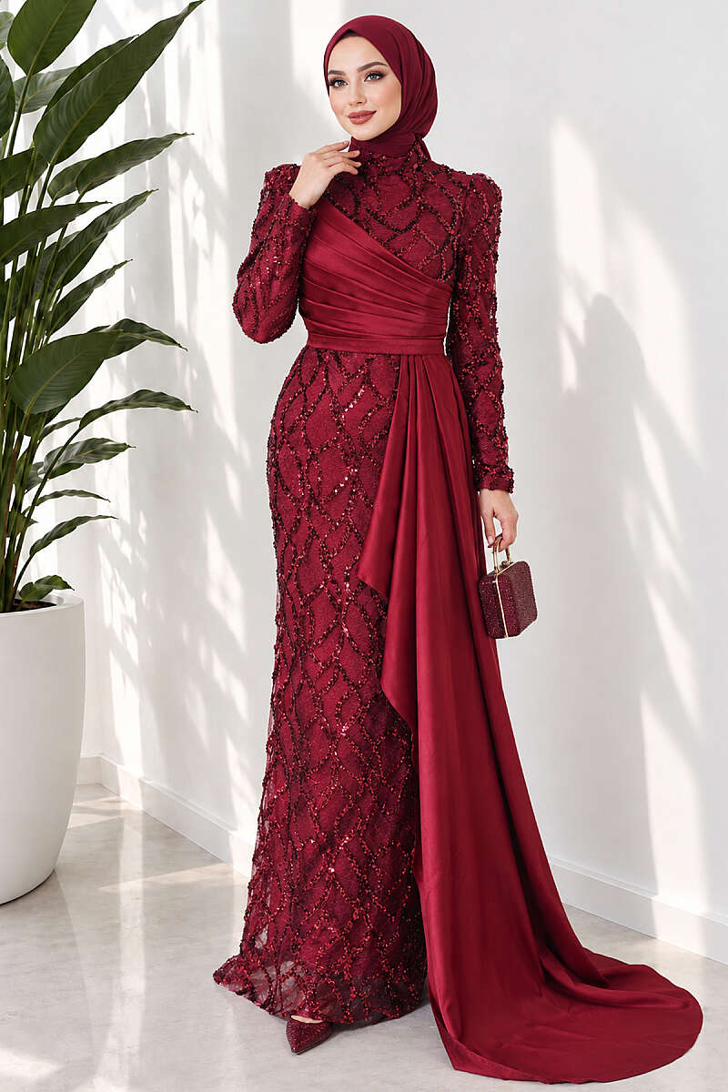 Draped Sequin Pattern Evening Dress - Burgundy