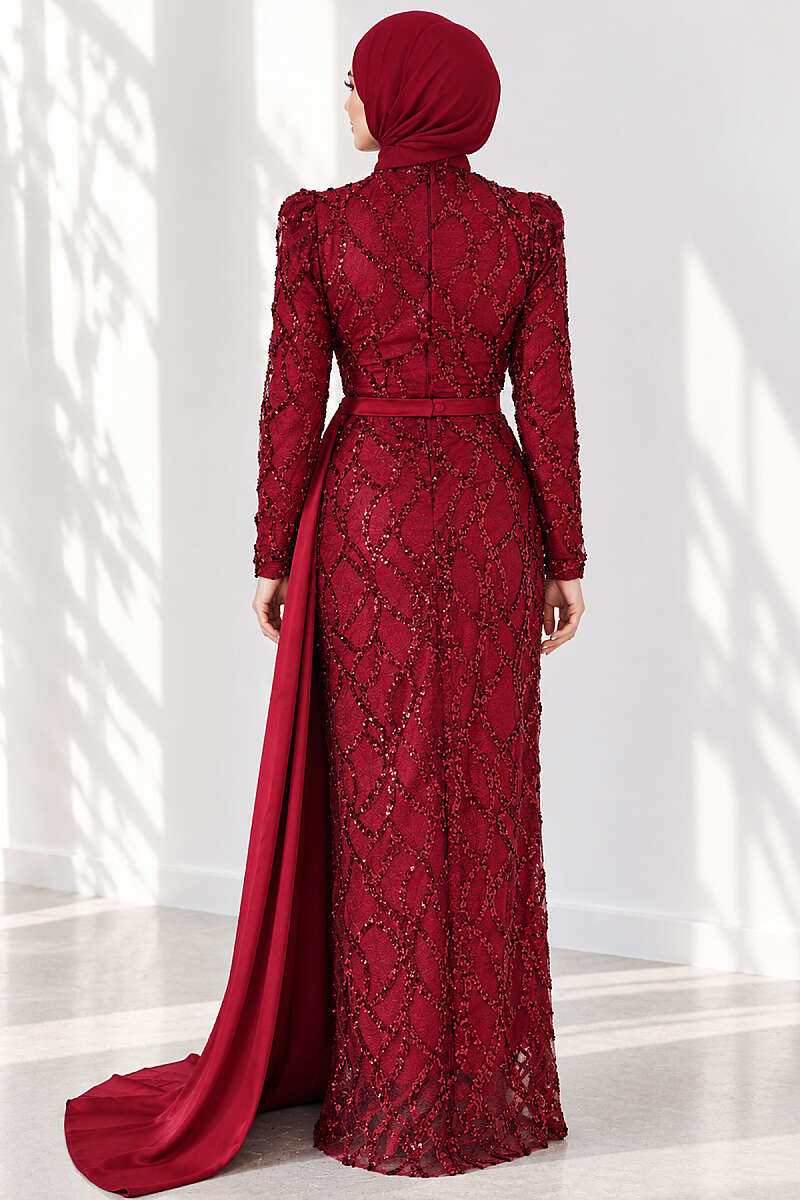 Draped Sequin Pattern Evening Dress - Burgundy