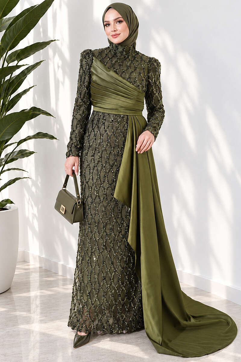 Draped Sequin Pattern Evening Dress - Khaki