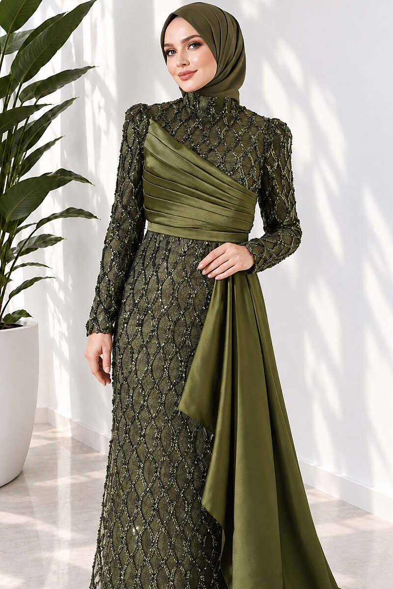 Draped Sequin Pattern Evening Dress - Khaki
