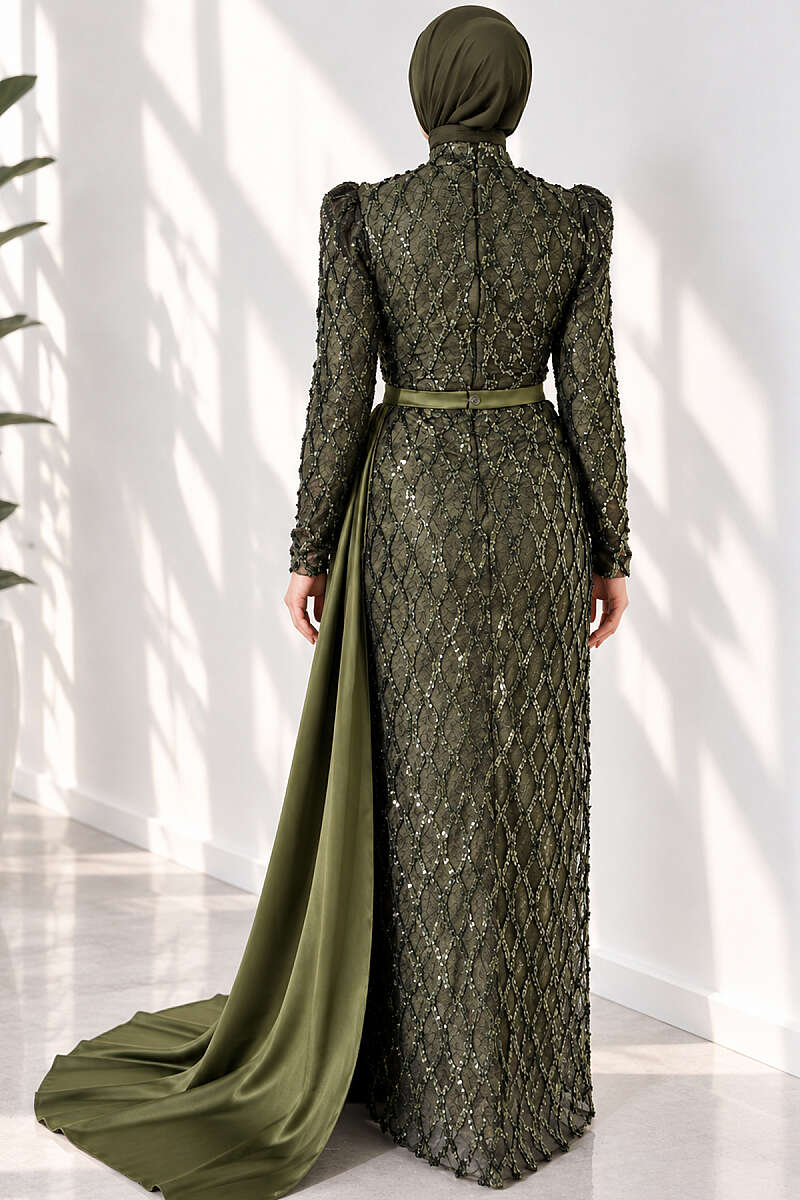 Draped Sequin Pattern Evening Dress - Khaki