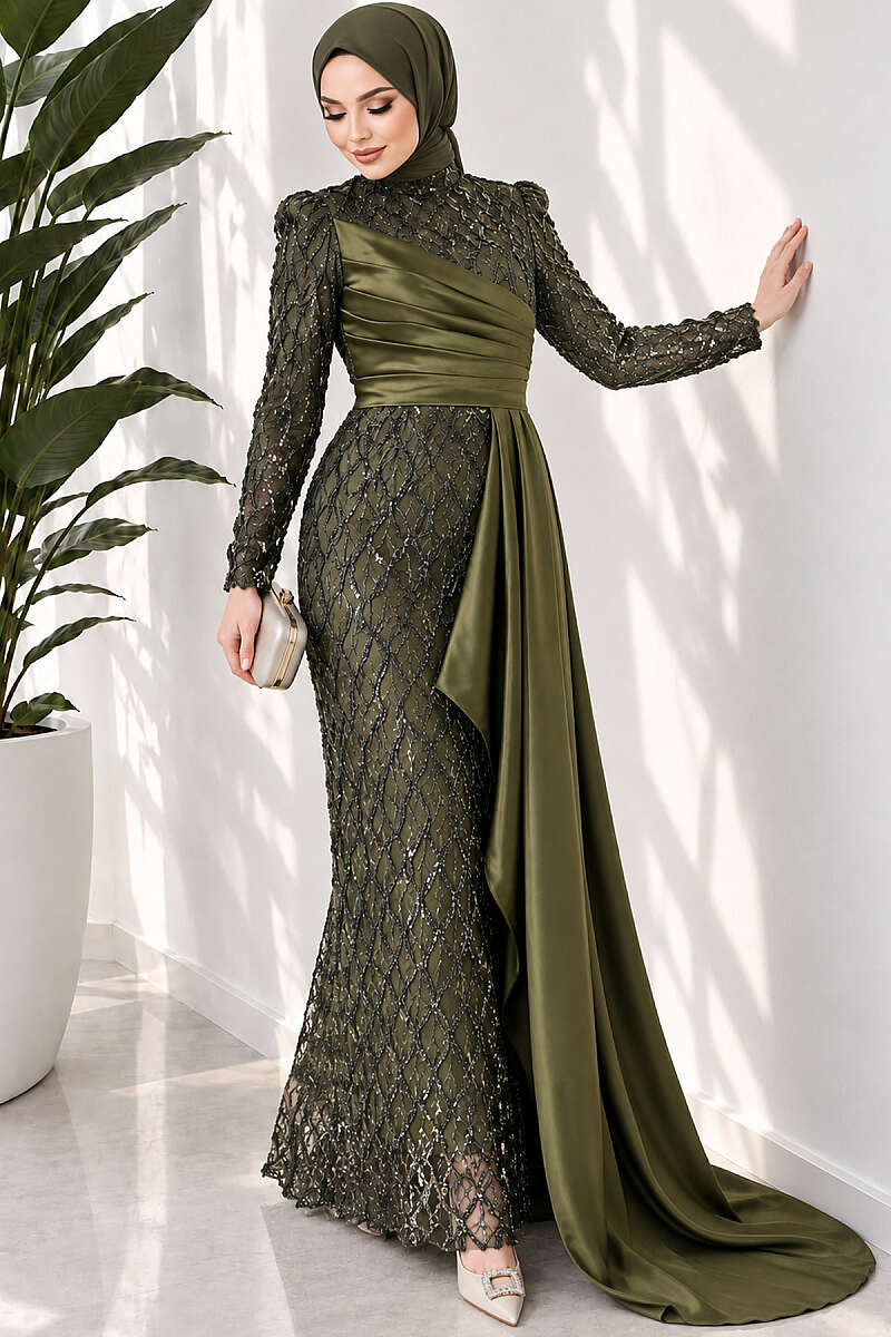 Draped Sequin Pattern Evening Dress - Khaki