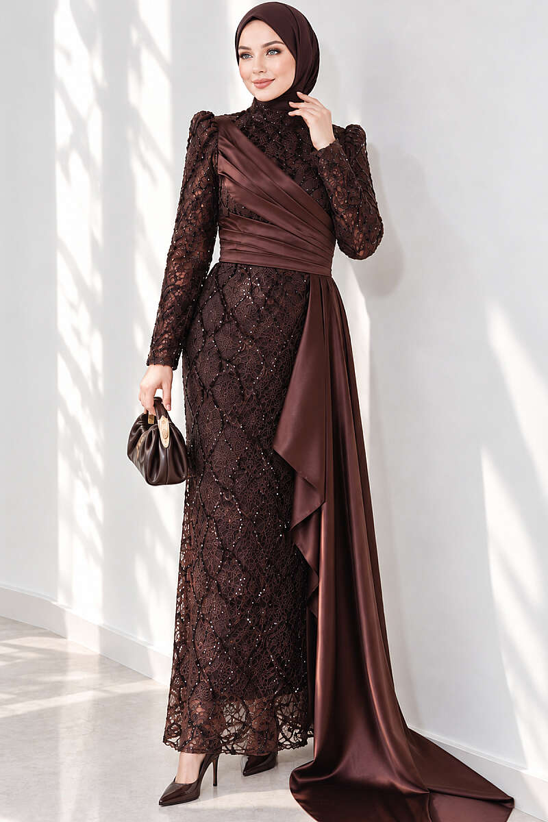 Draped Sequin Pattern Evening Dress - Brown