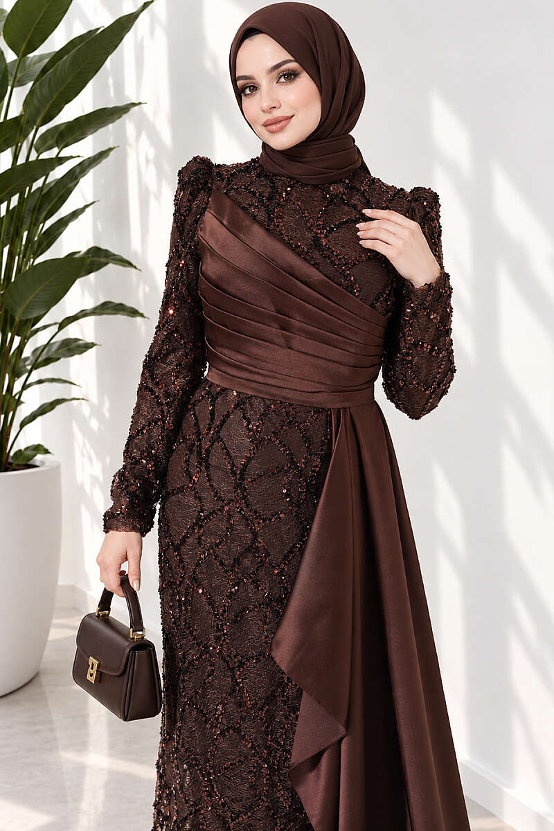 Draped Sequin Pattern Evening Dress - Brown