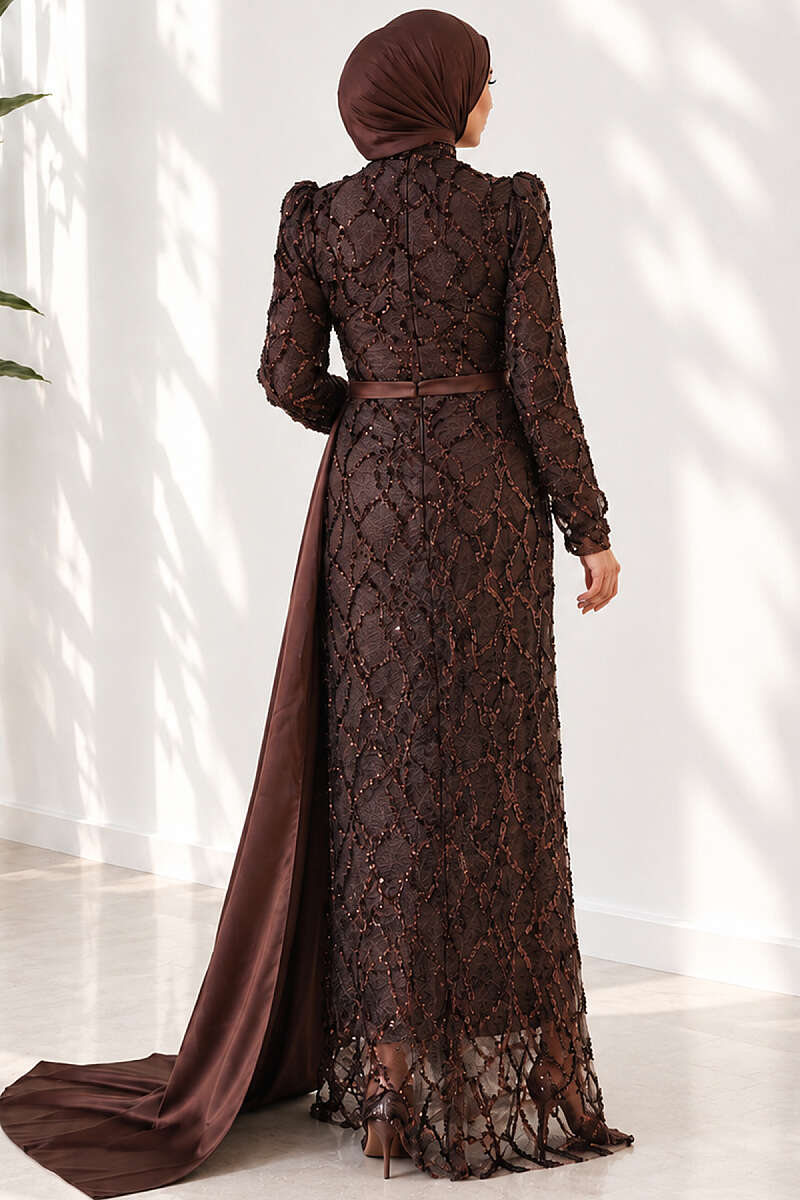 Draped Sequin Pattern Evening Dress - Brown