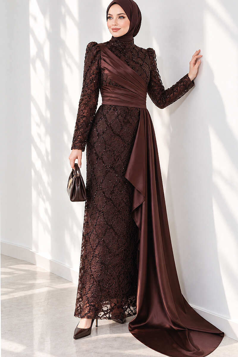 Draped Sequin Pattern Evening Dress - Brown