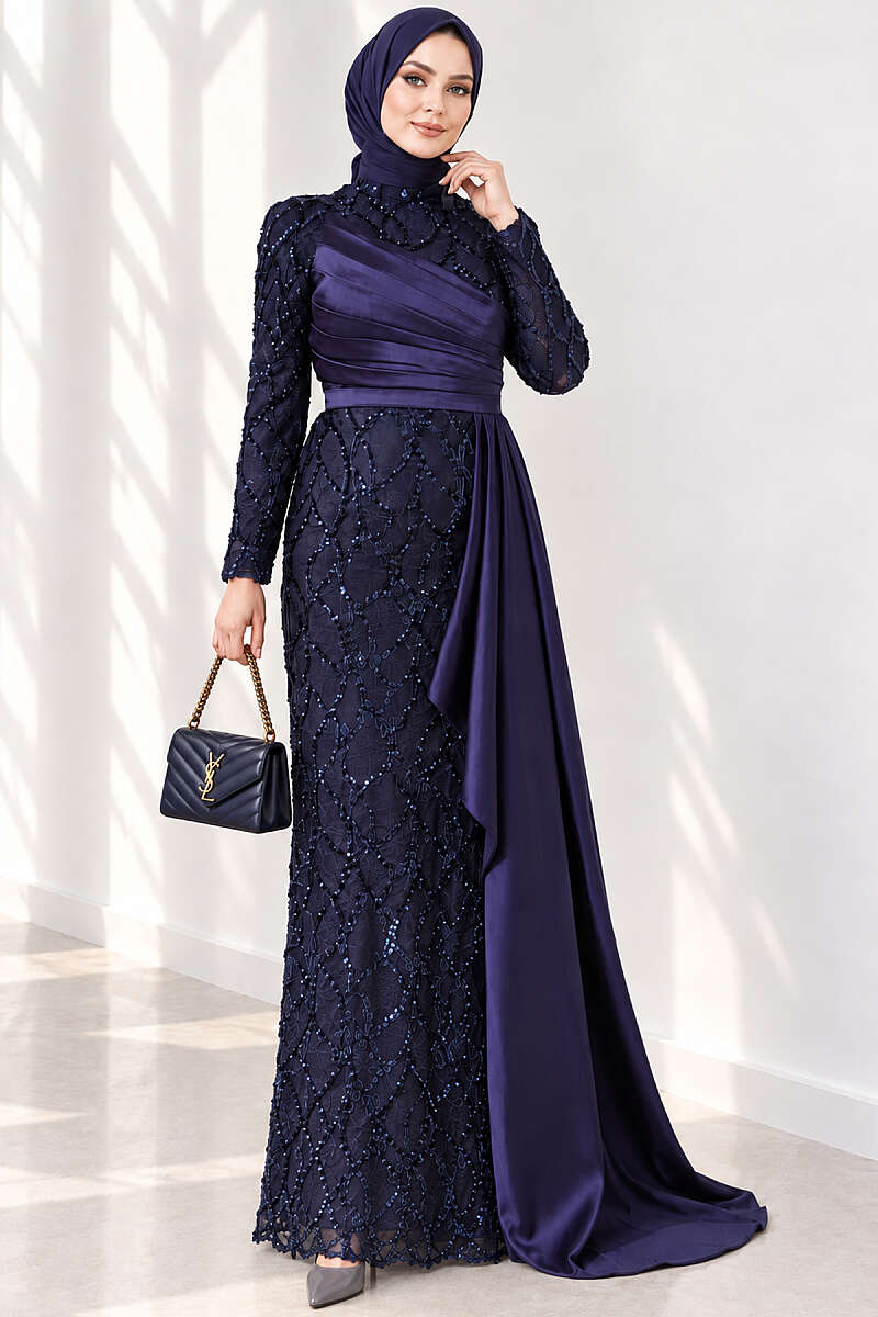 Draped Sequin Pattern Evening Dress - Navy