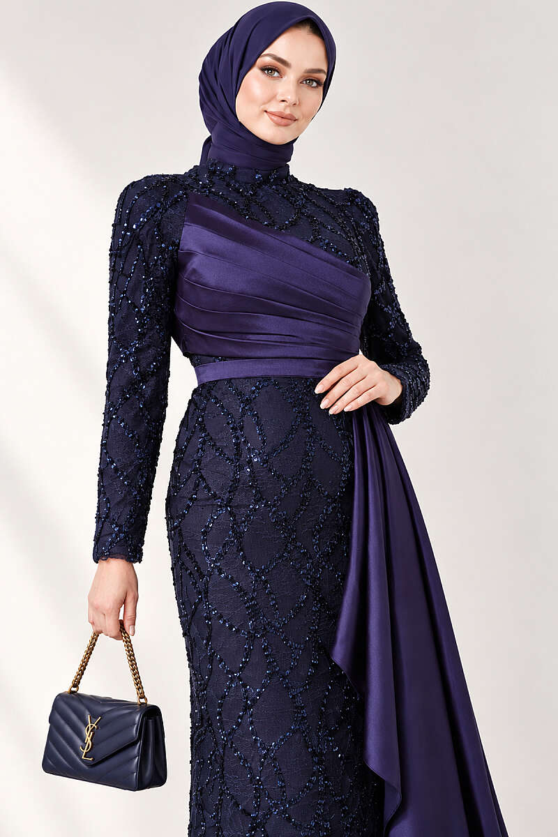 Draped Sequin Pattern Evening Dress - Navy