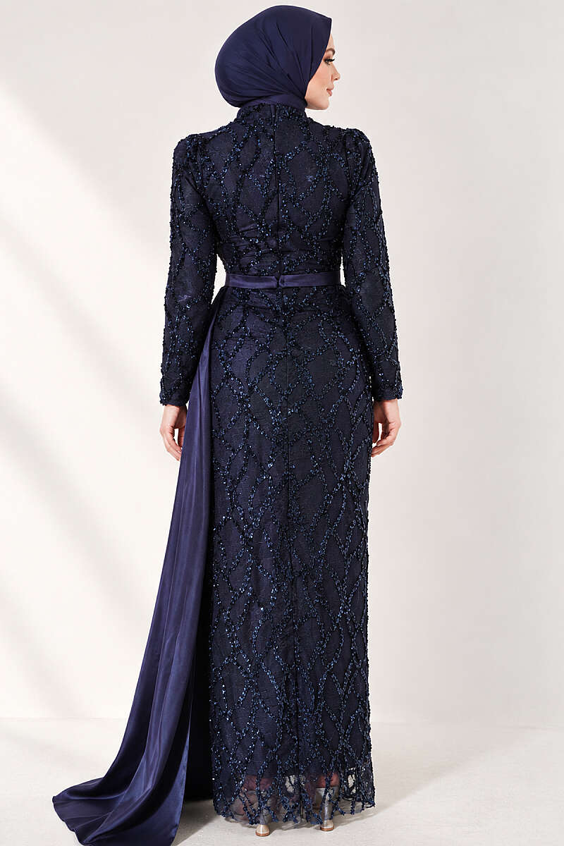 Draped Sequin Pattern Evening Dress - Navy