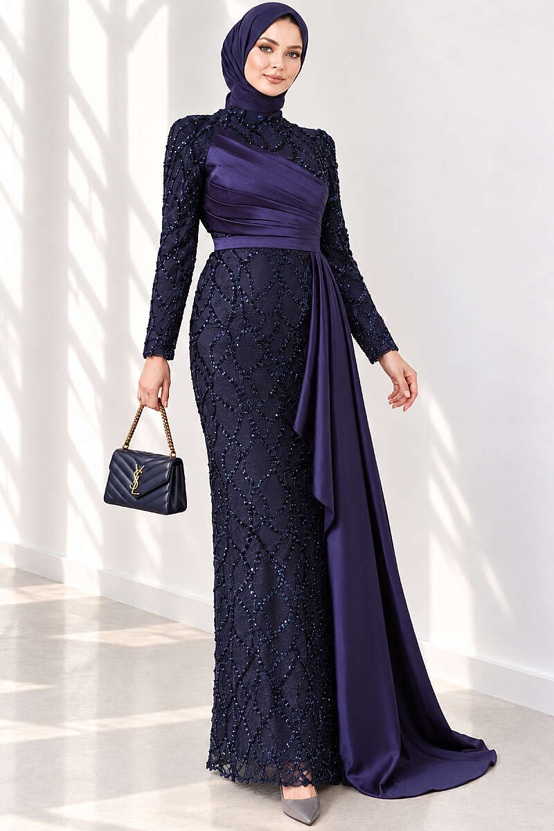 Draped Sequin Pattern Evening Dress - Navy