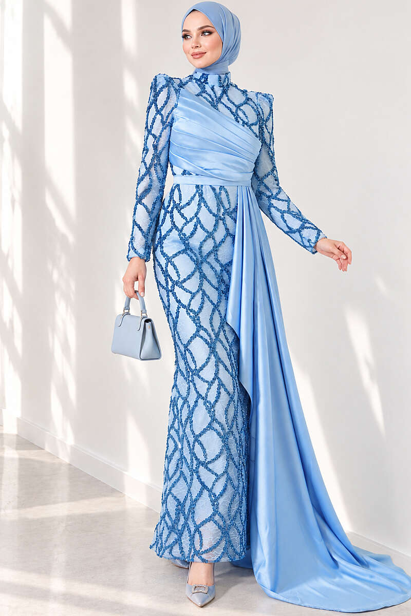 Draped Sequin Pattern Evening Dress - Blue