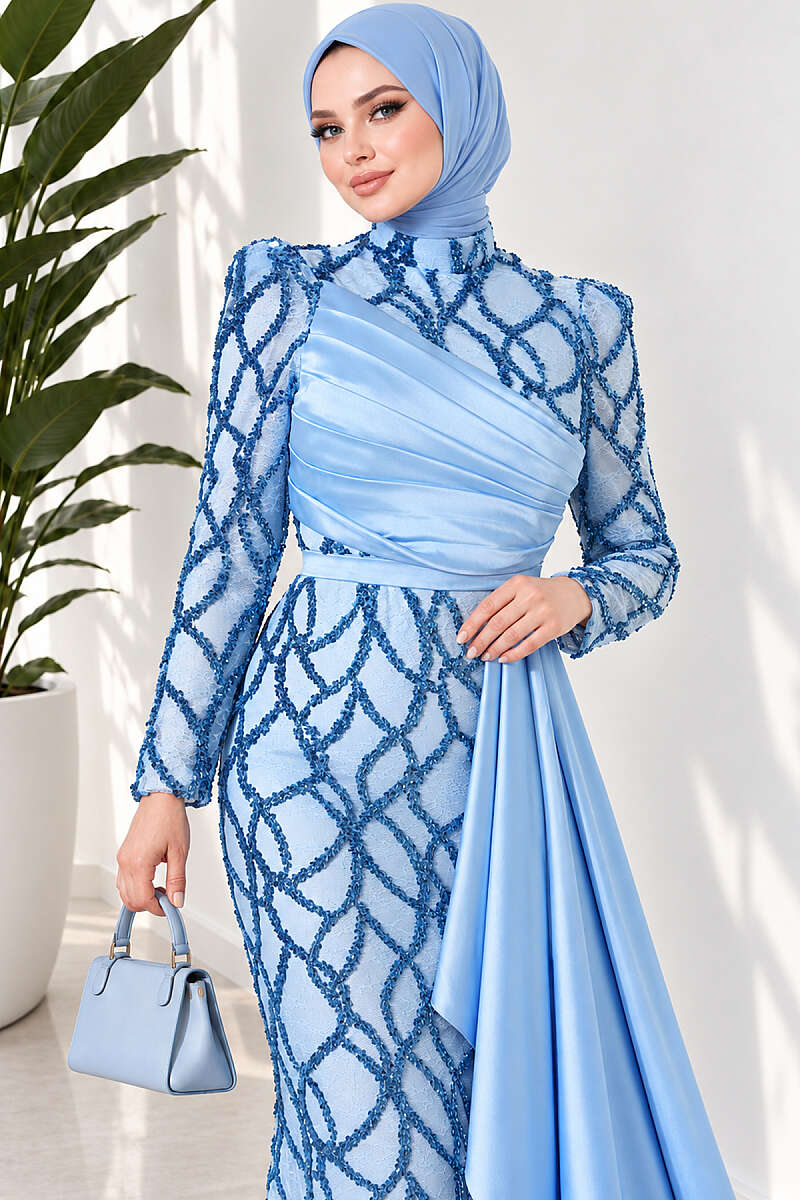 Draped Sequin Pattern Evening Dress - Blue