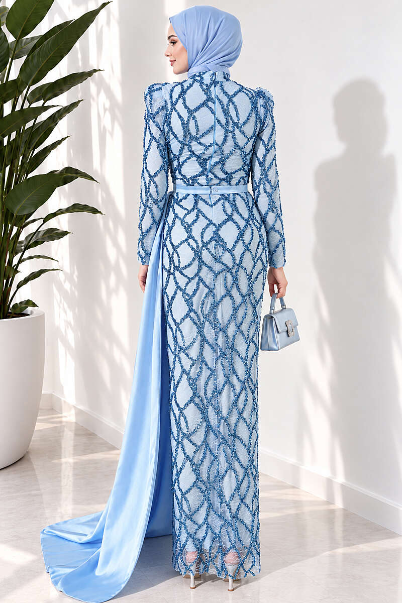 Draped Sequin Pattern Evening Dress - Blue