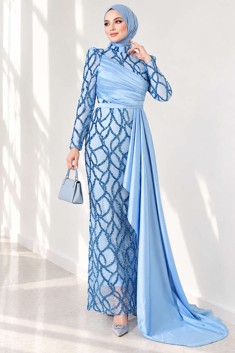 Draped Sequin Pattern Evening Dress - Blue