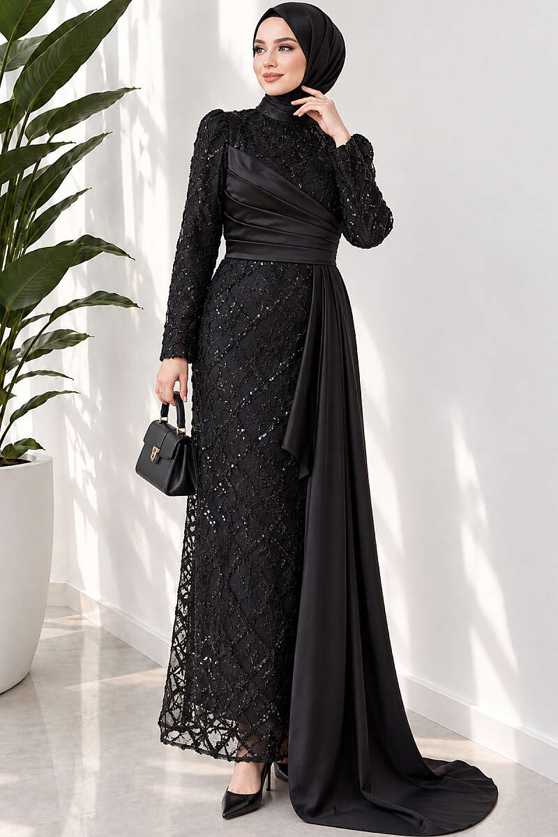 Draped Sequin Pattern Evening Dress - Black