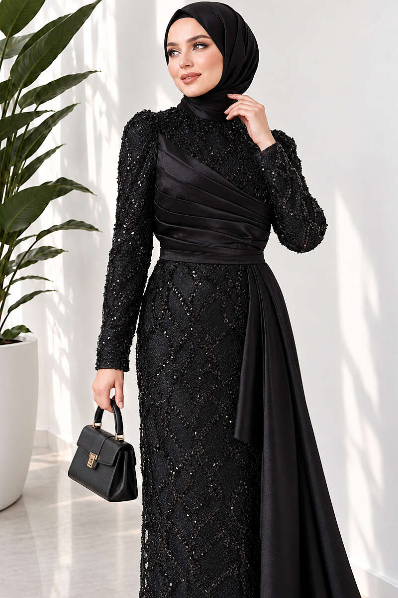 Draped Sequin Pattern Evening Dress - Black