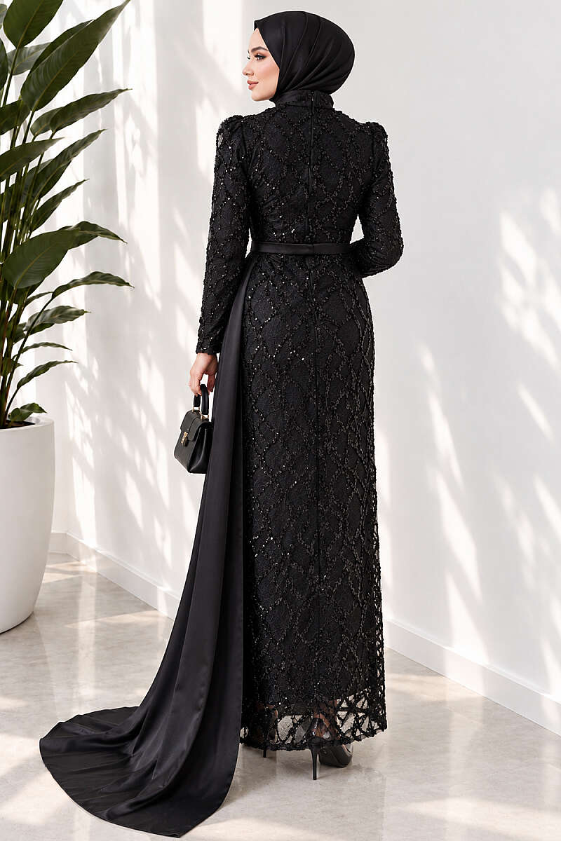 Draped Sequin Pattern Evening Dress - Black