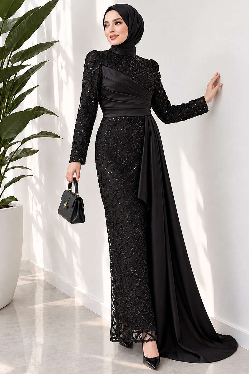 Draped Sequin Pattern Evening Dress - Black