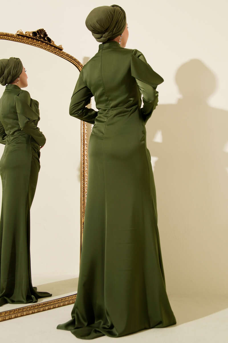 Draped Satin Evening Dress - Khaki
