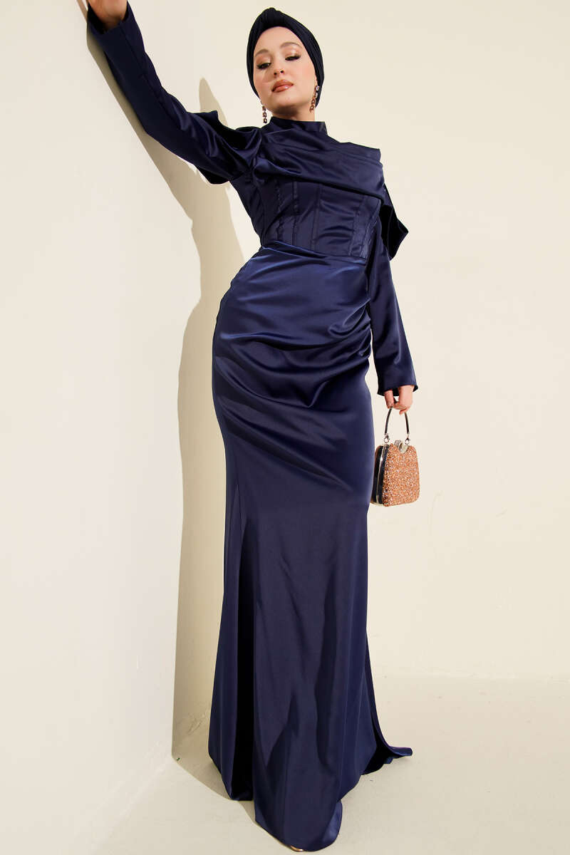 Draped Satin Evening Dress - Navy