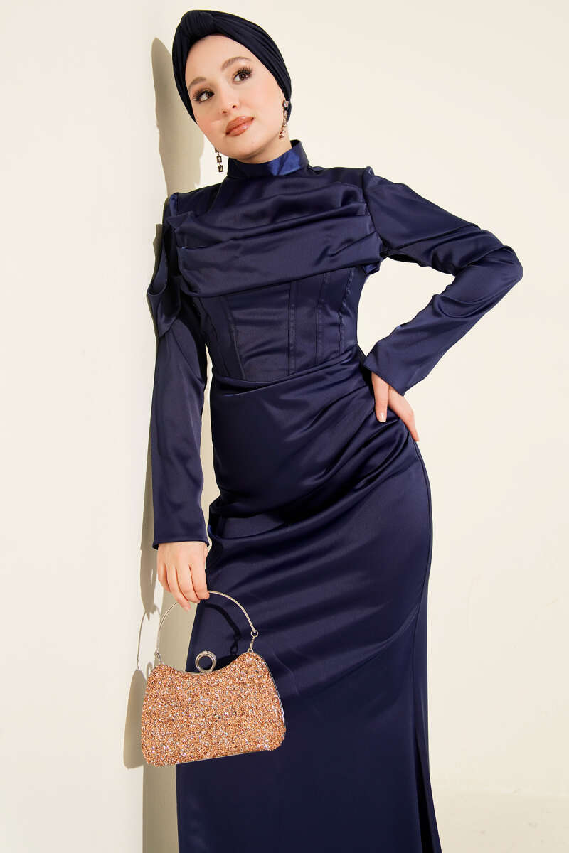 Draped Satin Evening Dress - Navy