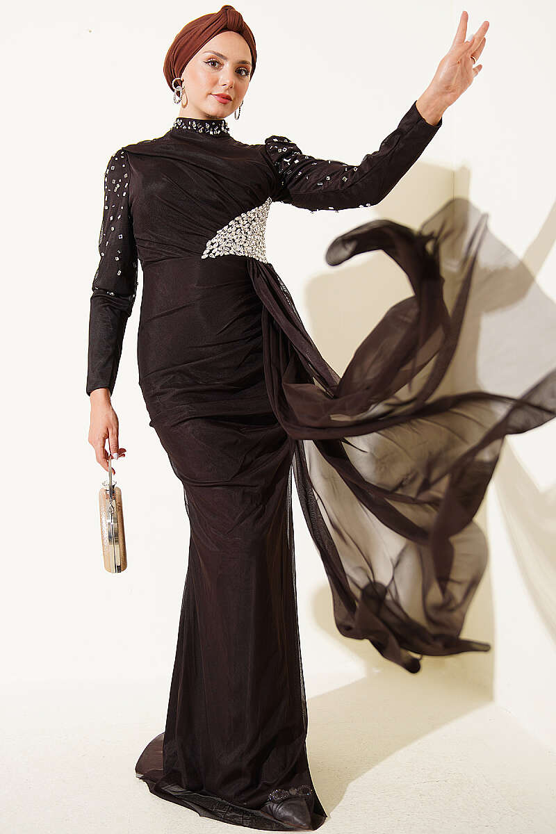 Draped Evening Dress with Stone Detail - Dark Brown