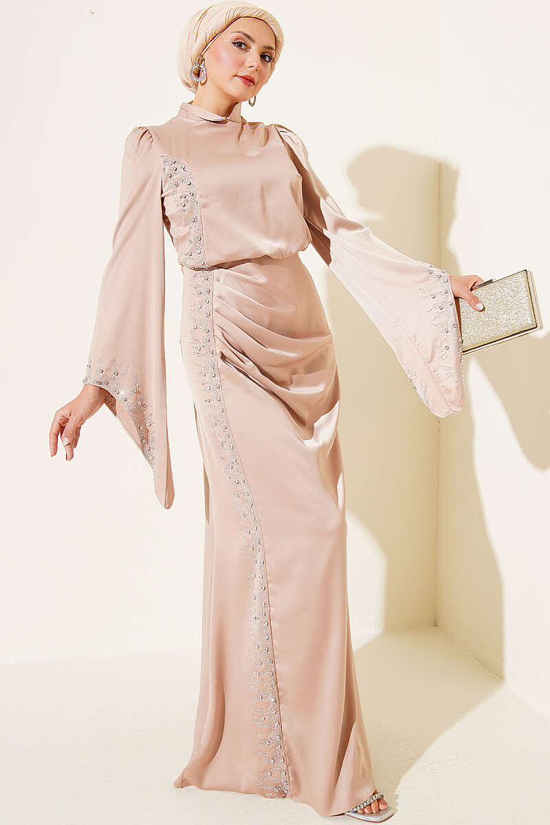 Draped Embellished Satin Evening Dress - Beige