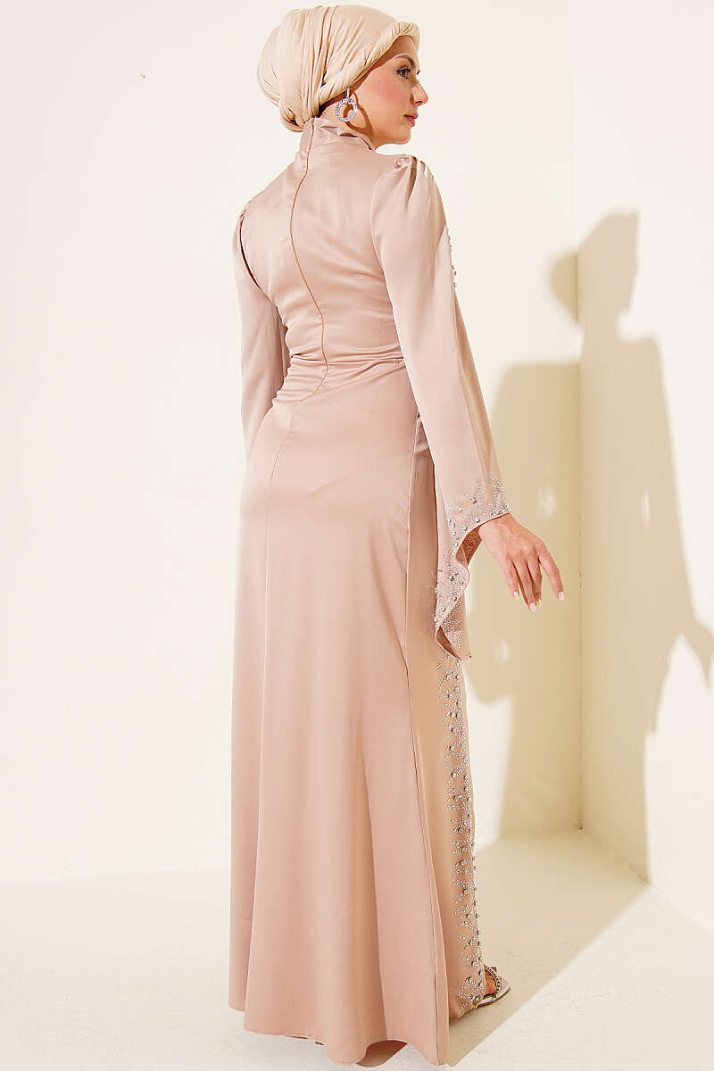 Draped Embellished Satin Evening Dress - Beige