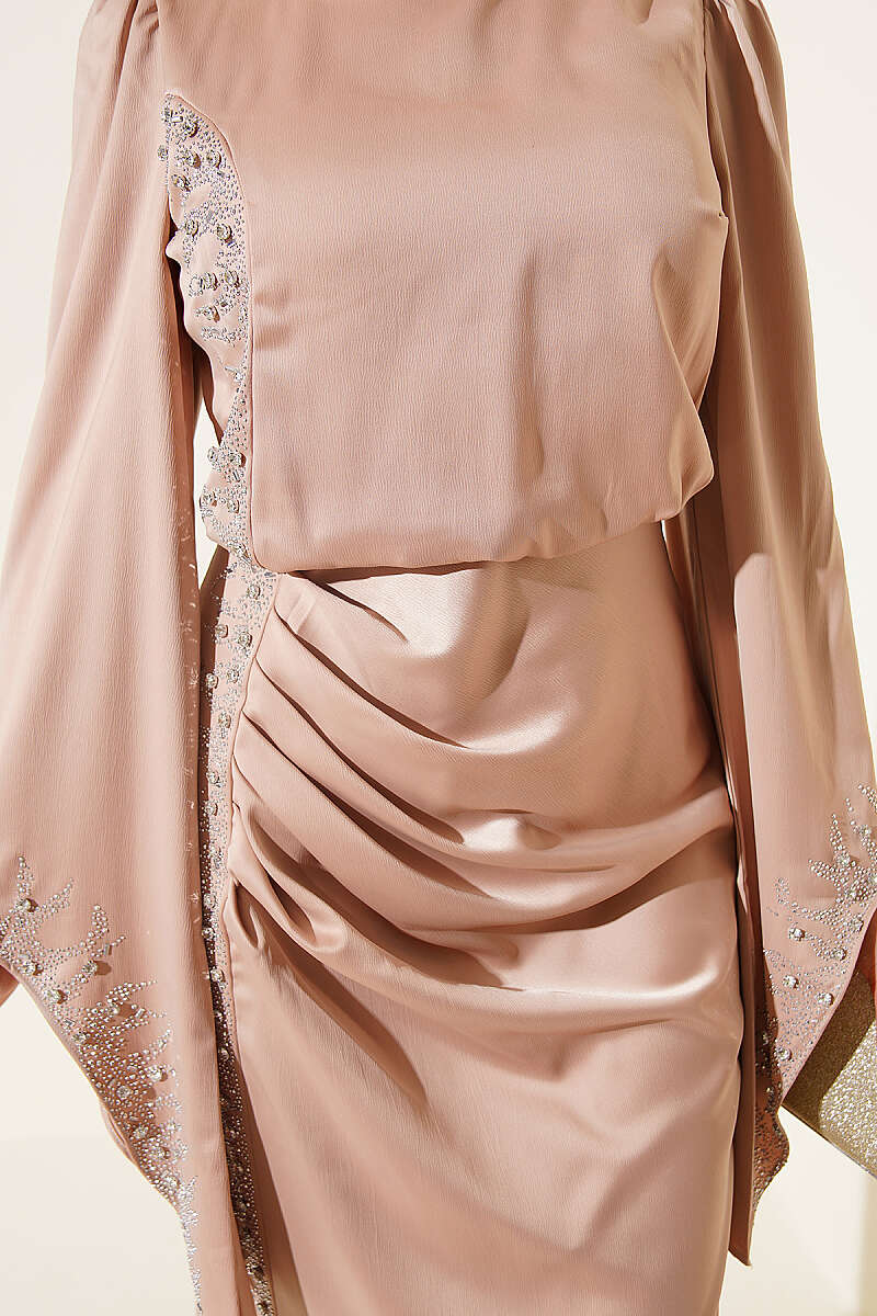 Draped Embellished Satin Evening Dress - Beige