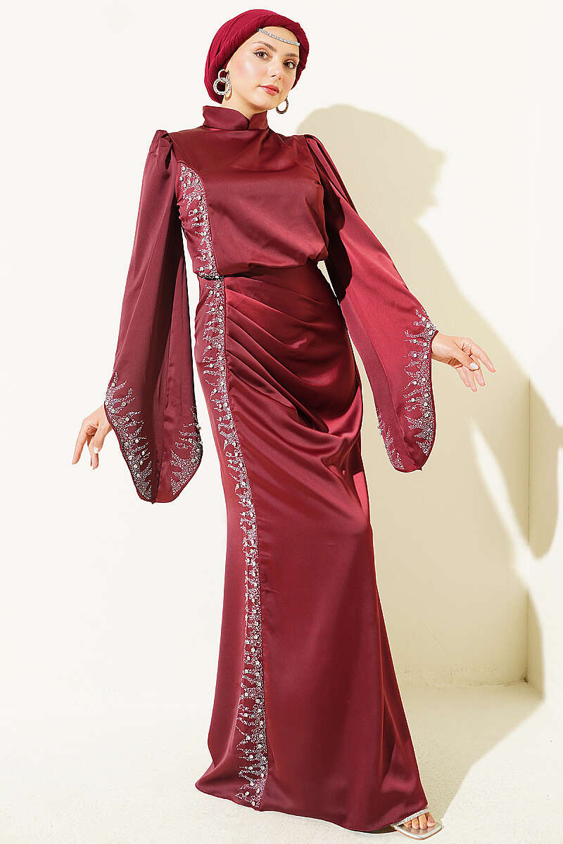 Draped Embellished Satin Evening Dress - Burgundy