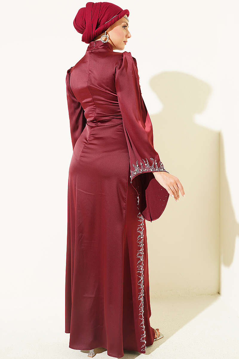 Draped Embellished Satin Evening Dress - Burgundy