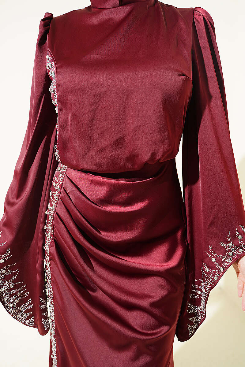 Draped Embellished Satin Evening Dress - Burgundy