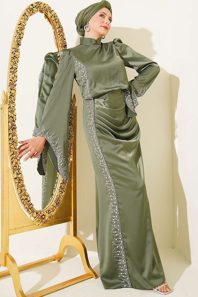 Draped Embellished Satin Evening Dress - Khaki