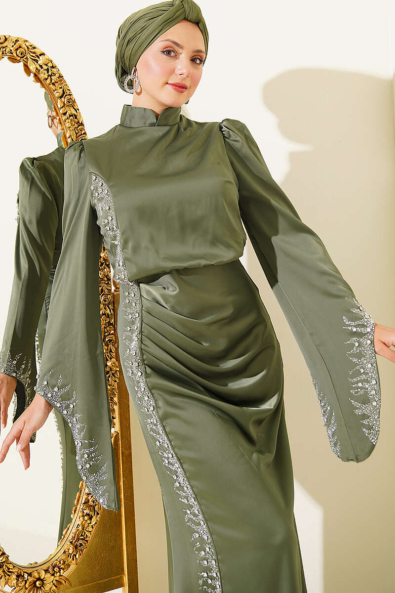 Draped Embellished Satin Evening Dress - Khaki