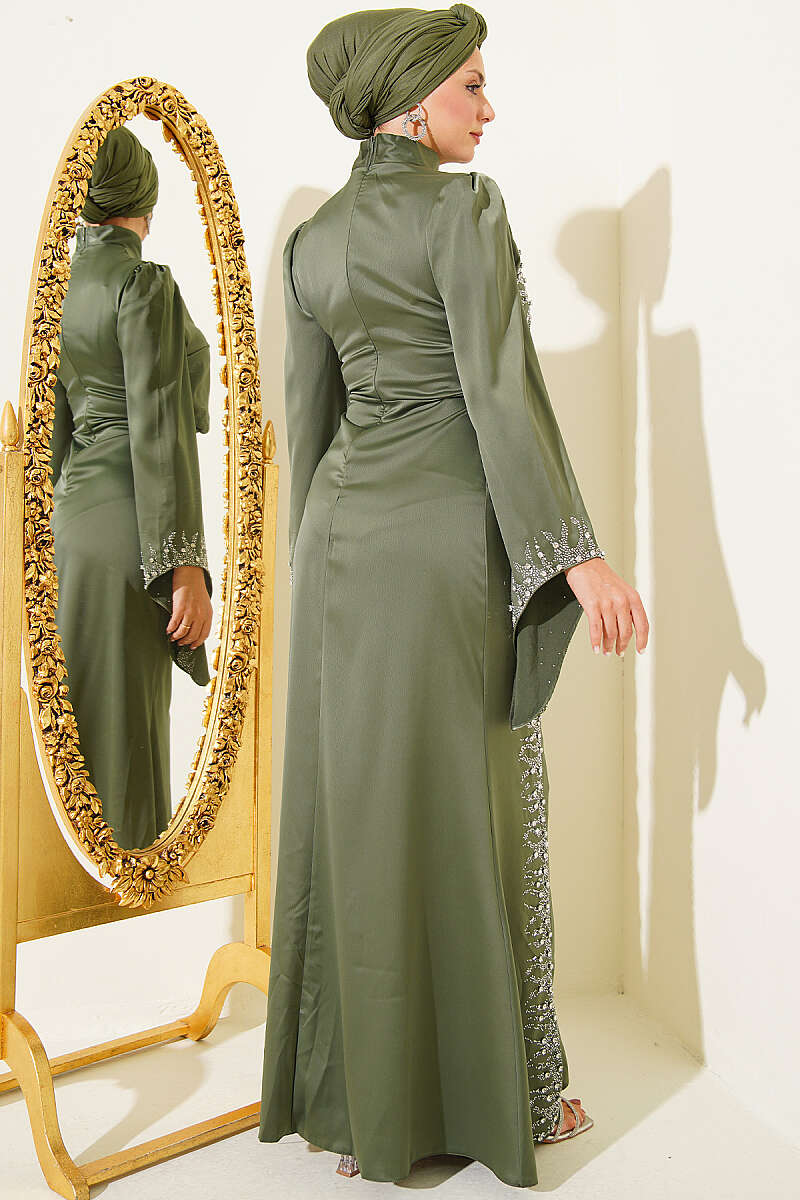 Draped Embellished Satin Evening Dress - Khaki