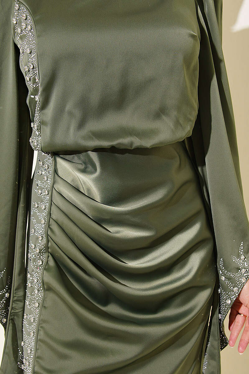 Draped Embellished Satin Evening Dress - Khaki