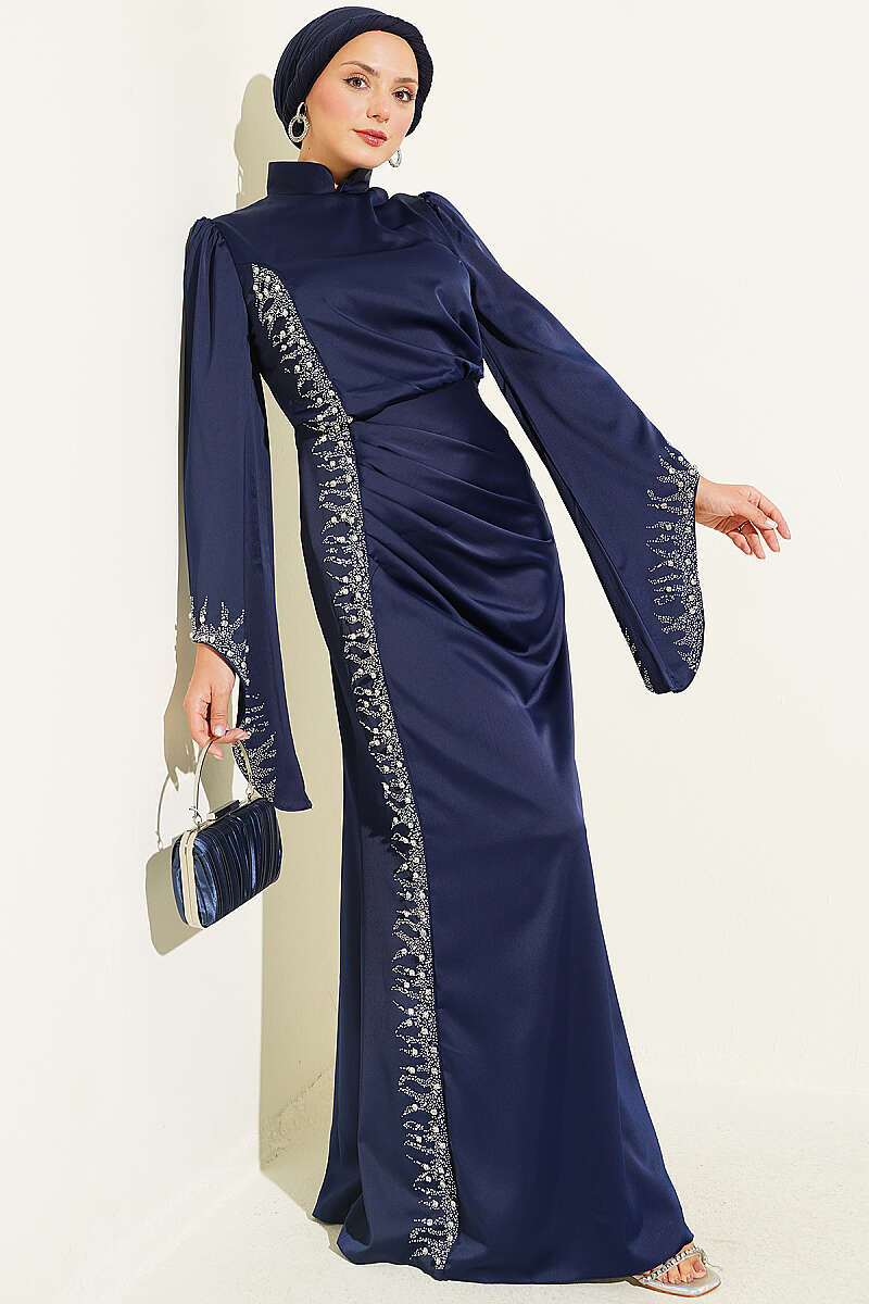 Draped Embellished Satin Evening Dress - Navy