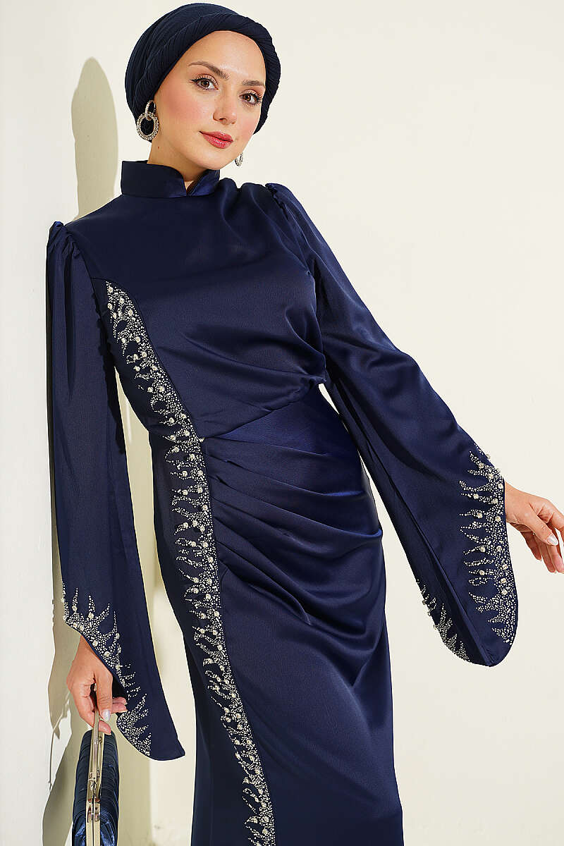 Draped Embellished Satin Evening Dress - Navy