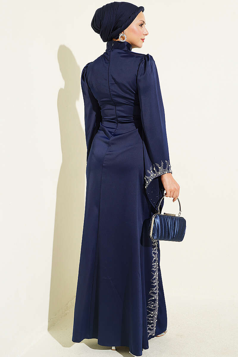Draped Embellished Satin Evening Dress - Navy