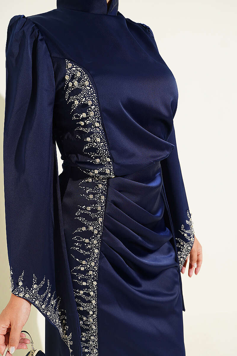 Draped Embellished Satin Evening Dress - Navy